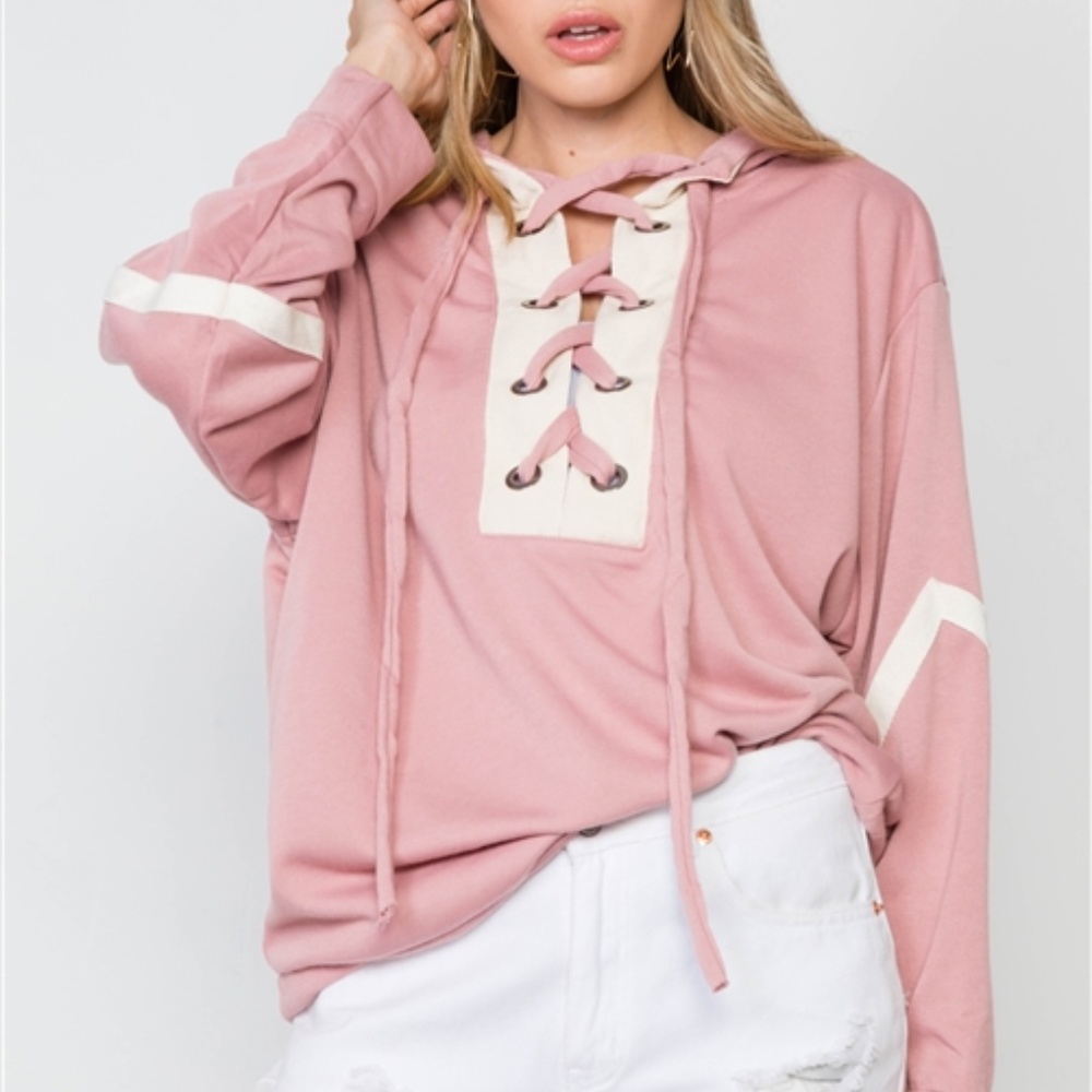 PINK HOODIE WITH LACE UP FRONT - Picture 2 of 3